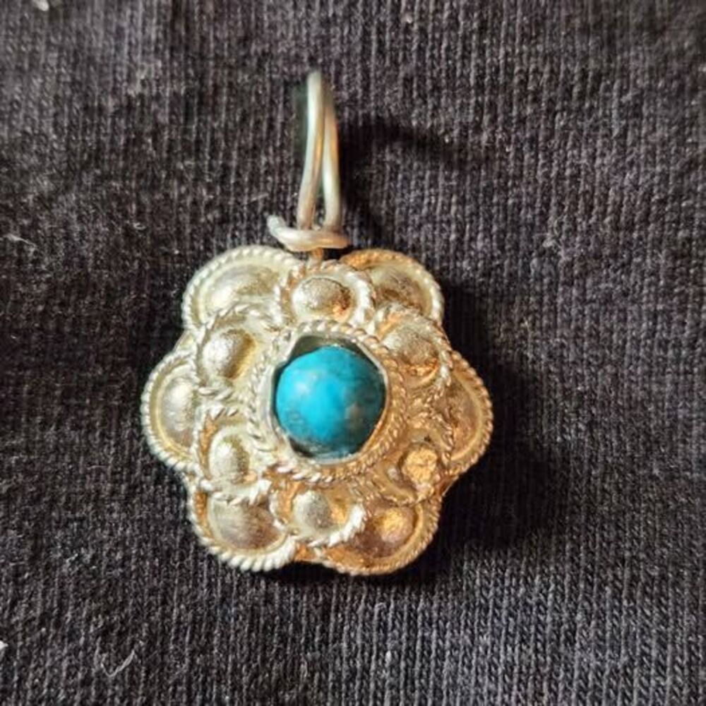 Vintage Sterling Silver Floral Turquoise Rosette Pendant Textured Boho Charm